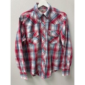 Wrangler Western Shirt Mens Medium Plaid Red Blue Cowboy Rodeo‎ Snap Front